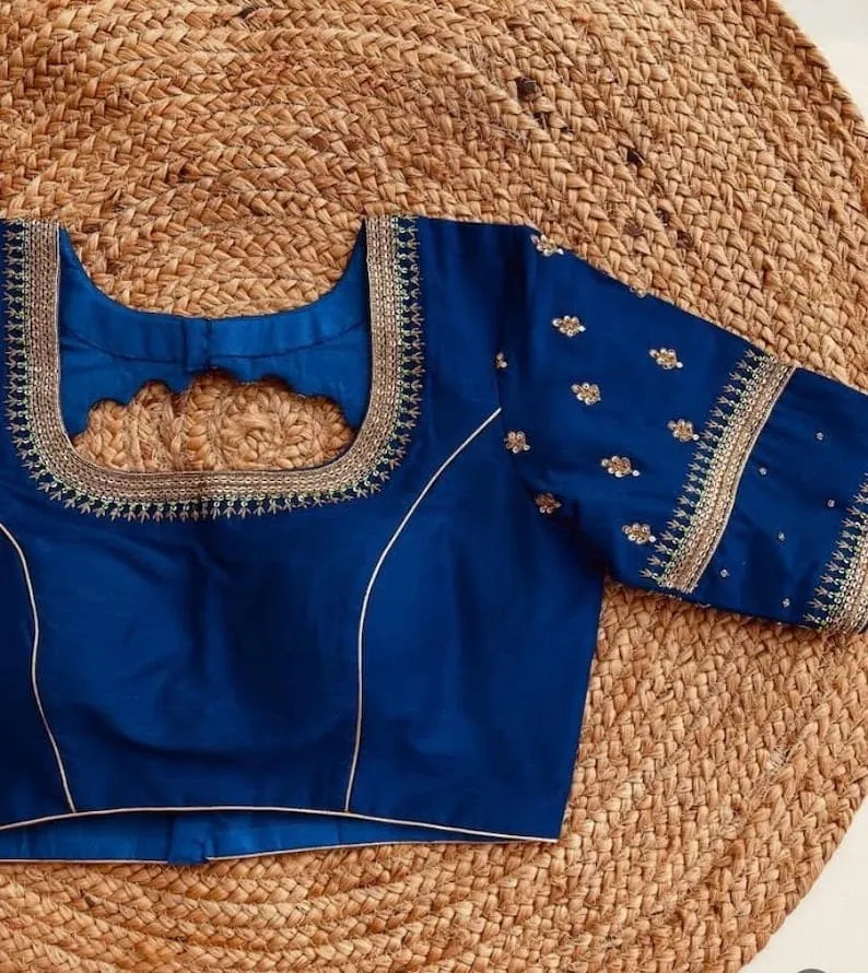 Royal Blue Silk Maggam Work Blouse | Scalloped Cutout Neckline with Zari Border & Elbow Sleeves