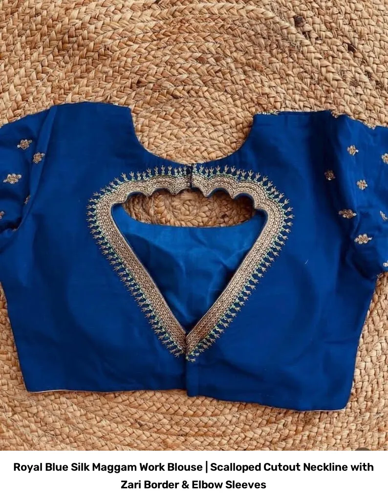 Royal Blue Silk Maggam Work Blouse | Scalloped Cutout Neckline with Zari Border & Elbow Sleeves 3
