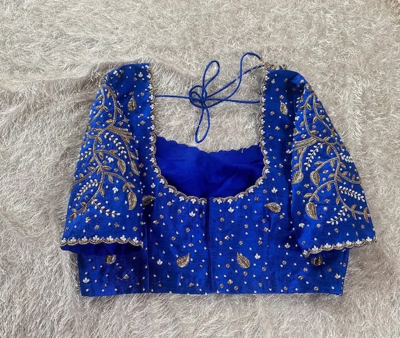 Royal Blue Silk Maggam Work Blouse | Scalloped Neckline with Pearl Floral Vine & Leaf Embroidery Saree Blouse