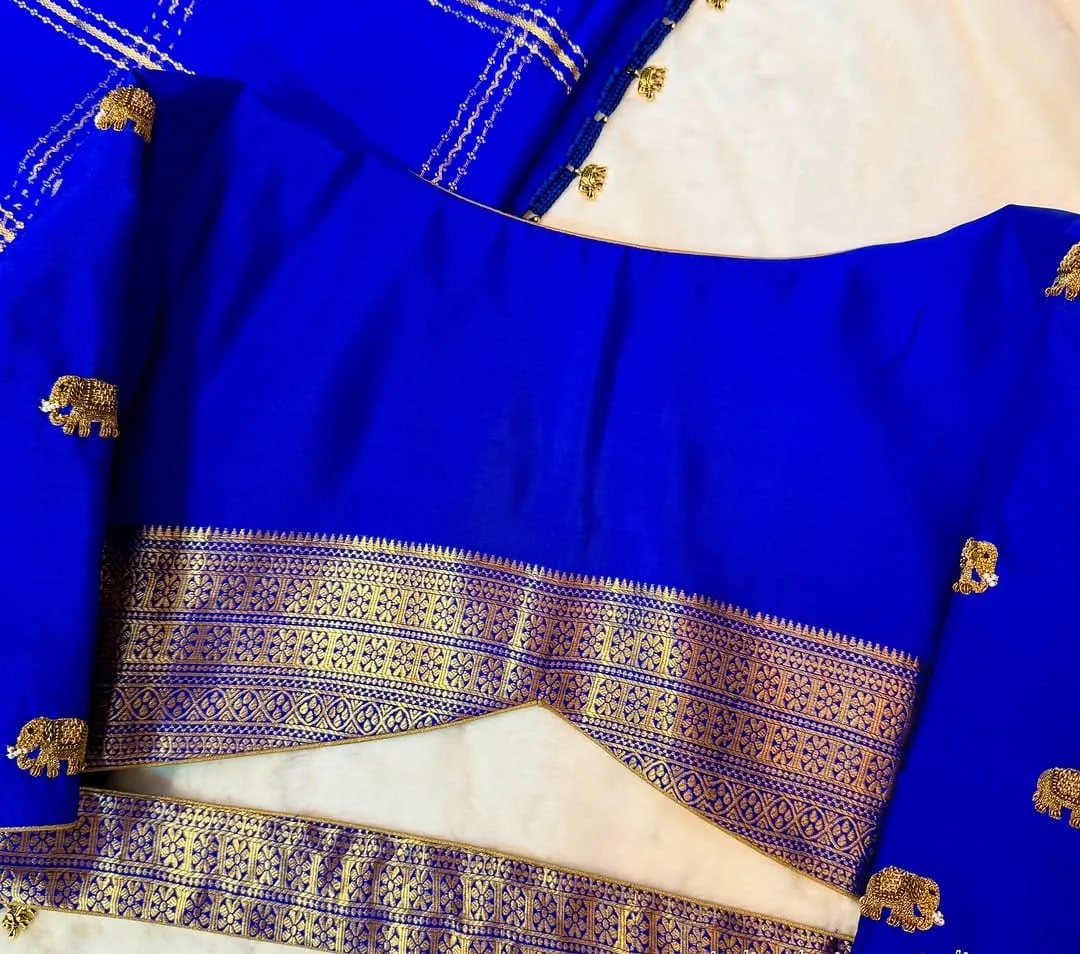 Royal Blue Silk Saree Blouse with Handcrafted 3D Gold Elephant Buttis | Banarasi Zari Border Inverted V Back Neck Blouse