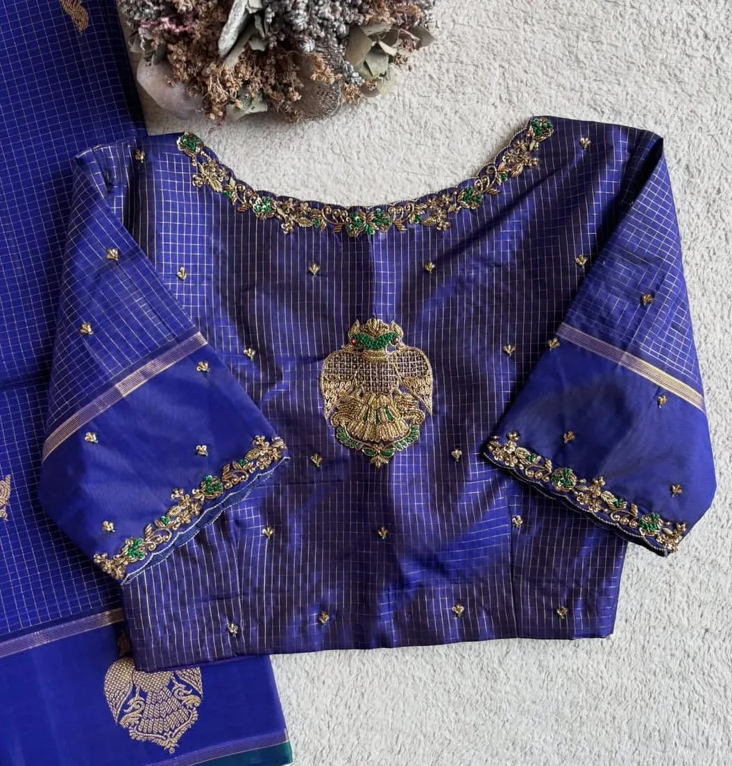 Royal Blue Zari Check Pattu Saree Blouse | Handcrafted Gandaberunda Maggam Work with Scalloped Moti Neck & Emerald Sleeves