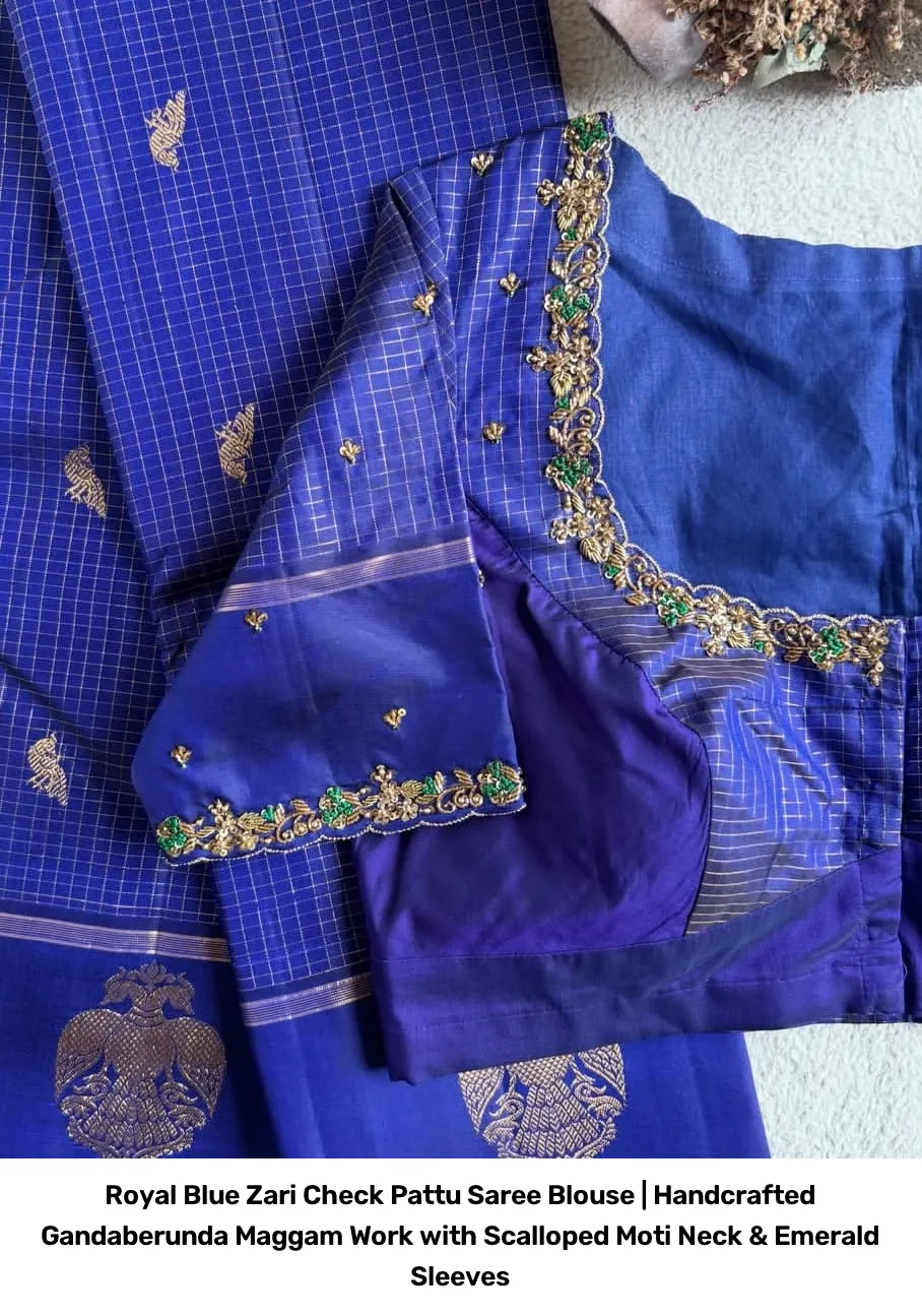 Royal Blue Zari Check Pattu Saree Blouse | Handcrafted Gandaberunda Maggam Work with Scalloped Moti Neck & Emerald Sleeves 2