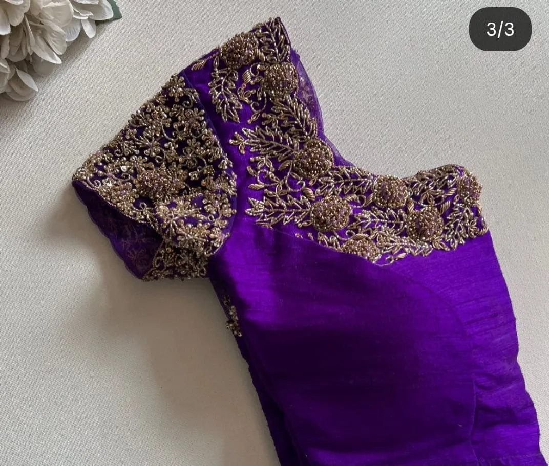 Royal Purple Raw Silk Maggam Work Blouse Wholesale | Sheer Net Boat Neck & Heavy Cutwork Shoulder Bridal Saree Blouse