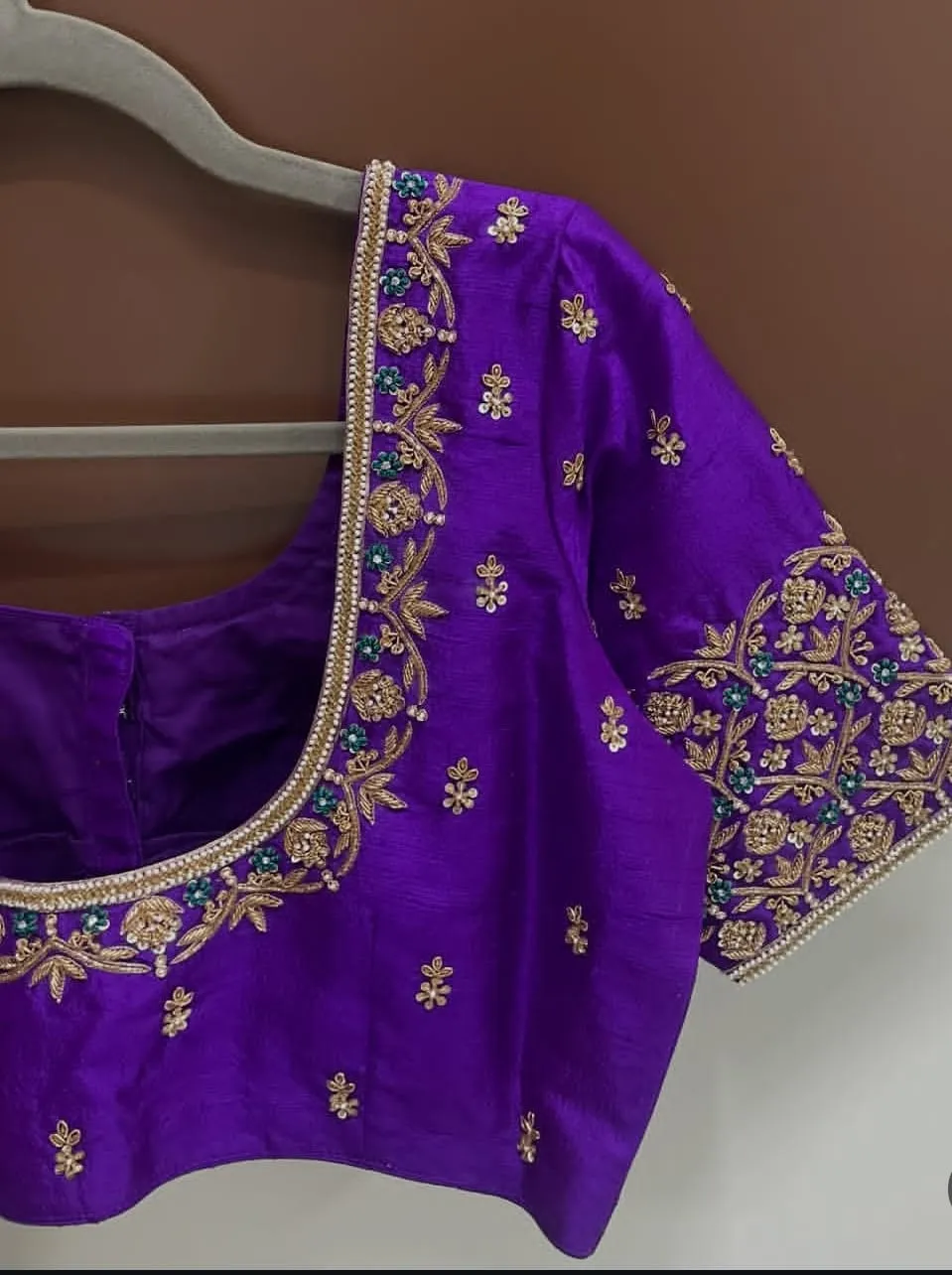 Royal Purple Raw Silk Readymade Saree Blouse | Broad U-Neck Pearl Maggam Work with Emerald Green Floral Trellis Sleeves (Padded Bridal Choli)