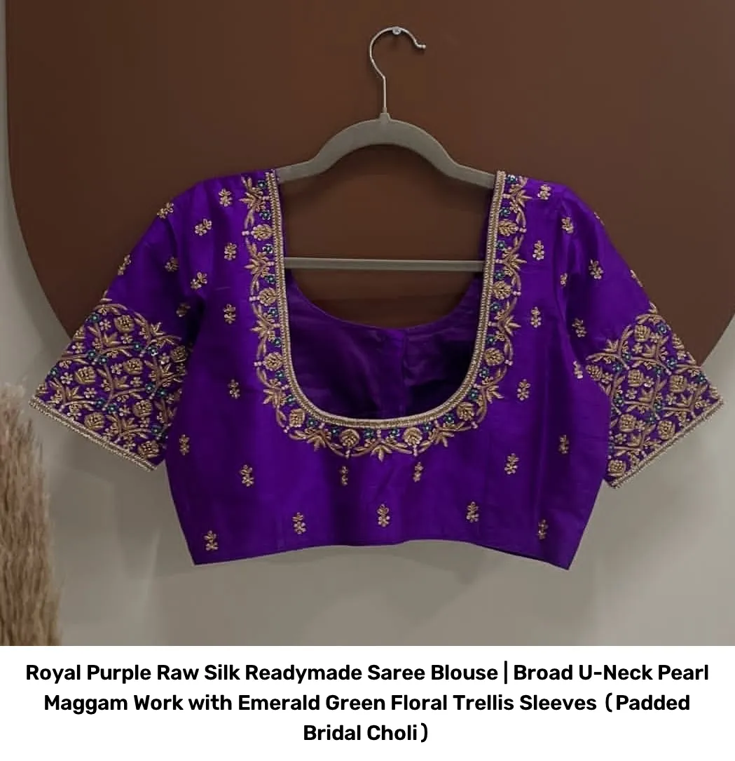Royal Purple Raw Silk Readymade Saree Blouse | Broad U-Neck Pearl Maggam Work with Emerald Green Floral Trellis Sleeves (Padded Bridal Choli) 2