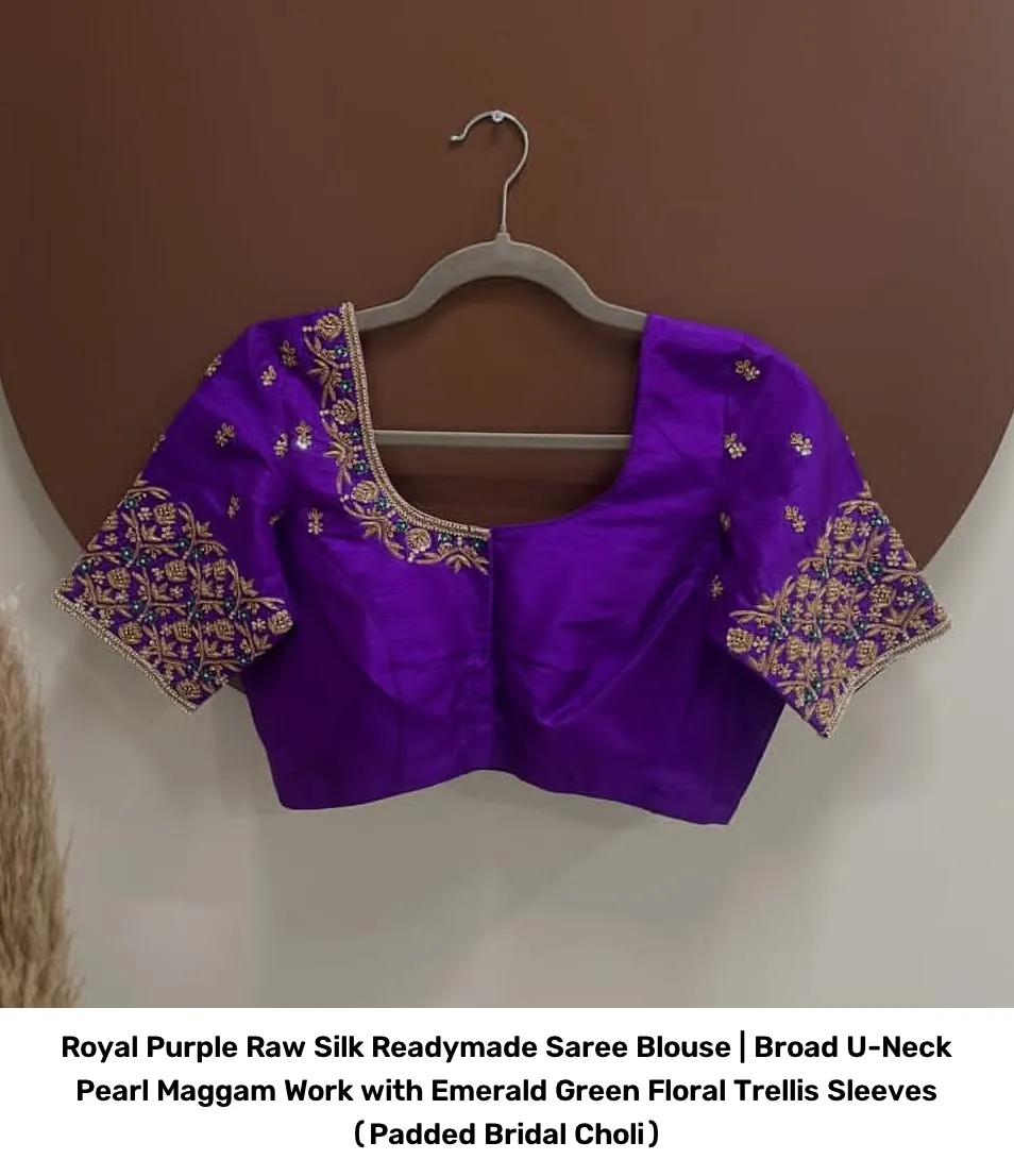 Royal Purple Raw Silk Readymade Saree Blouse | Broad U-Neck Pearl Maggam Work with Emerald Green Floral Trellis Sleeves (Padded Bridal Choli) 3