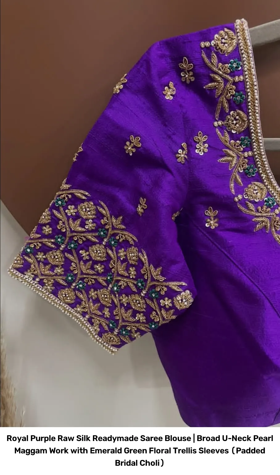 Royal Purple Raw Silk Readymade Saree Blouse | Broad U-Neck Pearl Maggam Work with Emerald Green Floral Trellis Sleeves (Padded Bridal Choli) 4