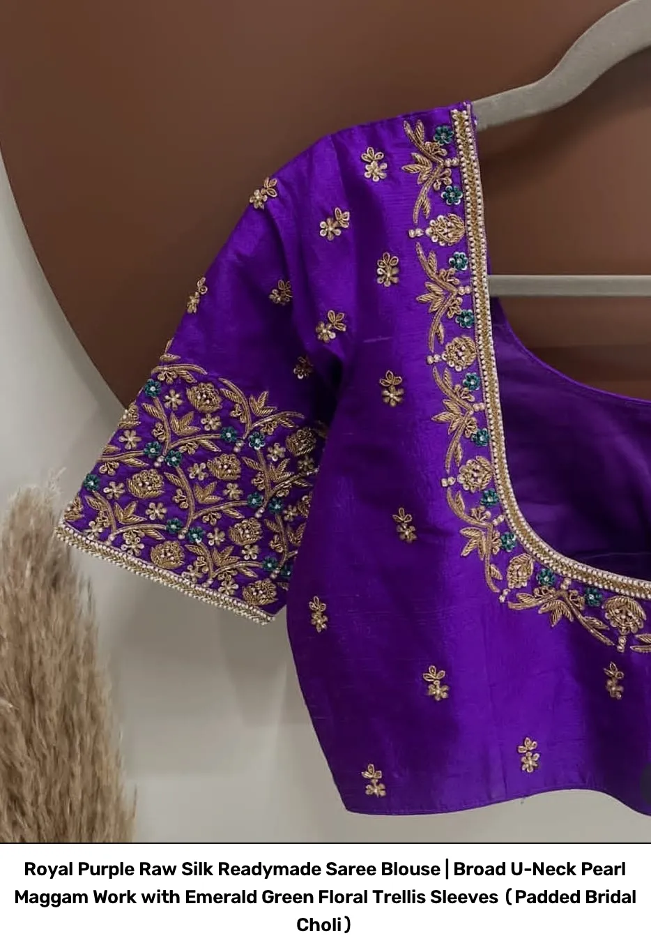 Royal Purple Raw Silk Readymade Saree Blouse | Broad U-Neck Pearl Maggam Work with Emerald Green Floral Trellis Sleeves (Padded Bridal Choli) 5