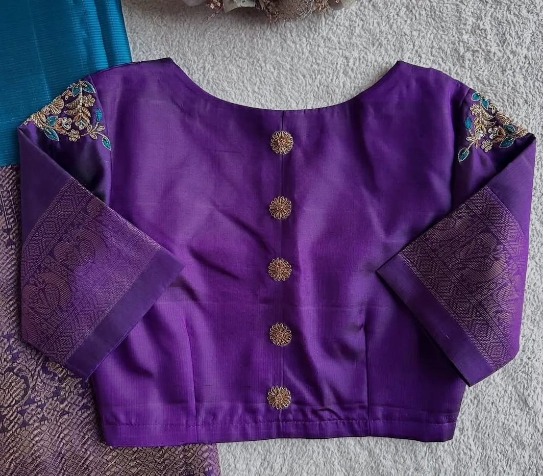 Royal Purple Raw Silk Saree Blouse | Handcrafted Zardozi Shoulder Embroidery Blouse with Back Fabric Buttons