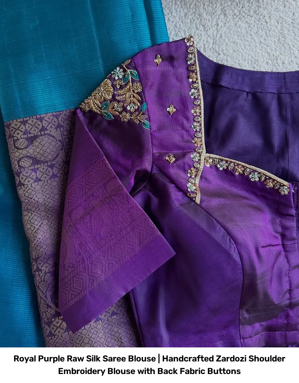 Royal Purple Raw Silk Saree Blouse | Handcrafted Zardozi Shoulder Embroidery Blouse with Back Fabric Buttons 2