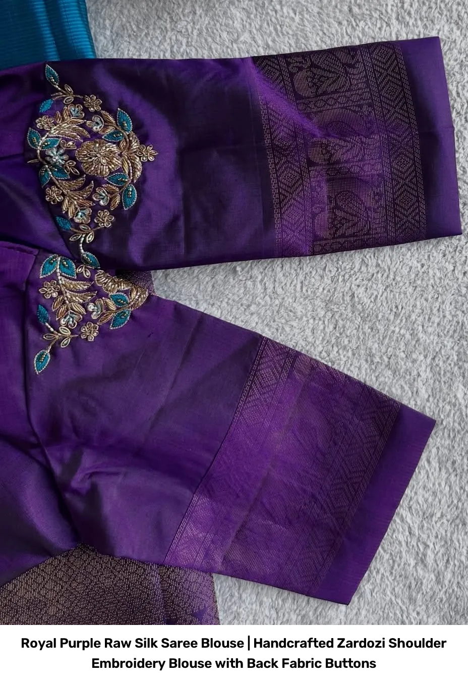 Royal Purple Raw Silk Saree Blouse | Handcrafted Zardozi Shoulder Embroidery Blouse with Back Fabric Buttons 3