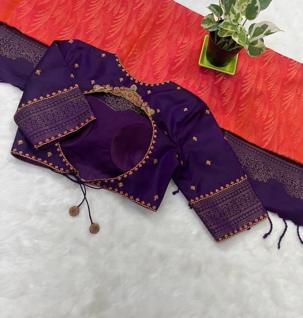Royal Purple Silk Bridal Blouse with Round Cut-Out Back | Handcrafted Aari Maggam Work Saree Blouse 1