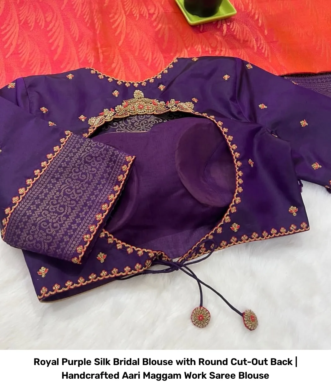 Royal Purple Silk Bridal Blouse with Round Cut-Out Back | Handcrafted Aari Maggam Work Saree Blouse 3