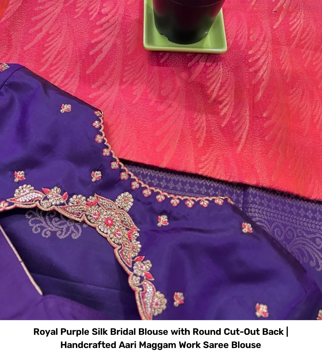 Royal Purple Silk Bridal Blouse with Round Cut-Out Back | Handcrafted Aari Maggam Work Saree Blouse 4