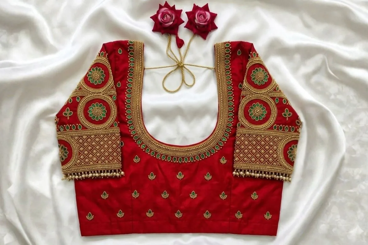 Royal Red Bridal Maggam Work Blouse with Gold Zardozi & Green Kundan | Heavy Hand Embroidered Silk Saree Blouse