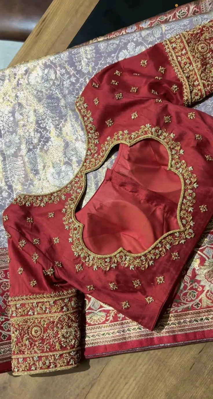 Royal Red Scallop Neck Bridal Maggam Work Blouse | Gold Zardozi & Thread Hand Embroidered Silk Saree Blouse