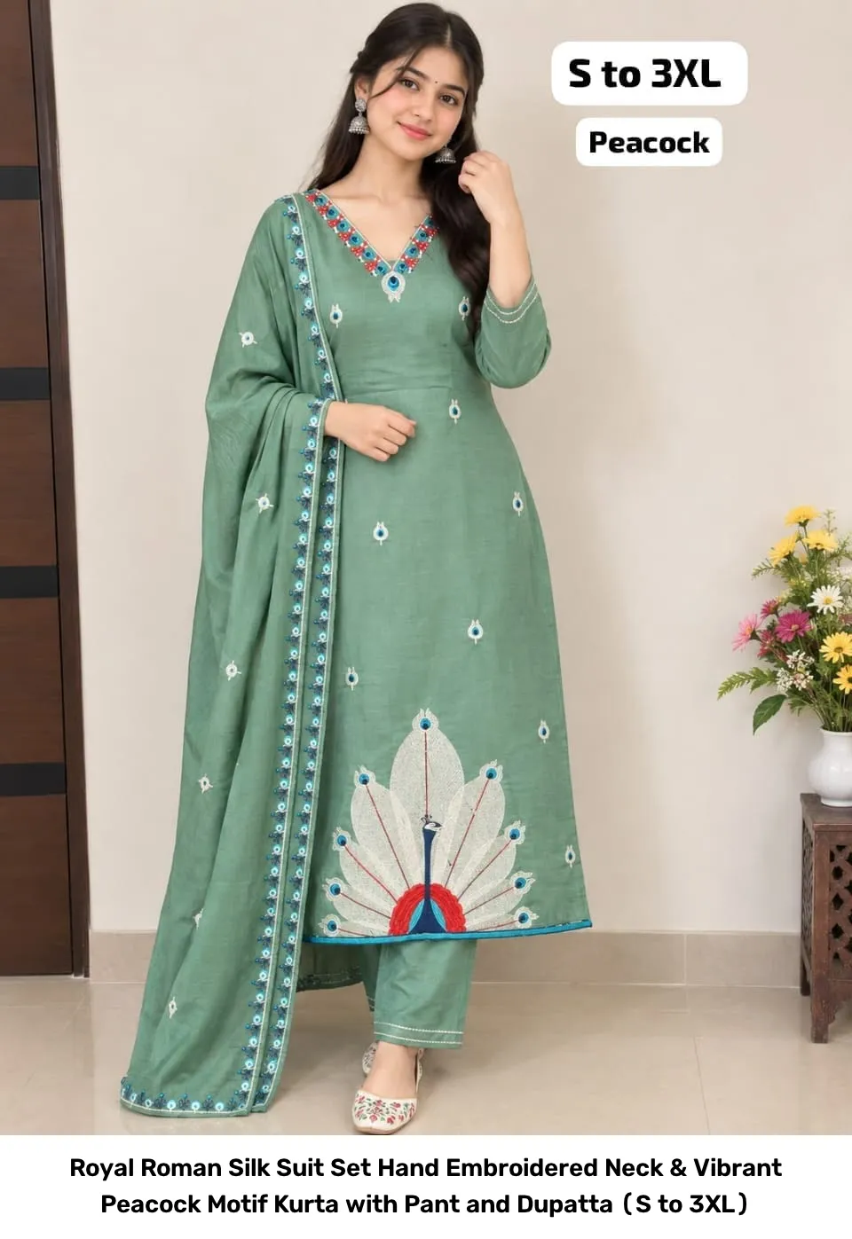 Royal Roman Silk Suit Set – Hand Embroidered Neck & Vibrant Peacock Motif Kurta with Pant and Dupatta (S to 3XL) 2