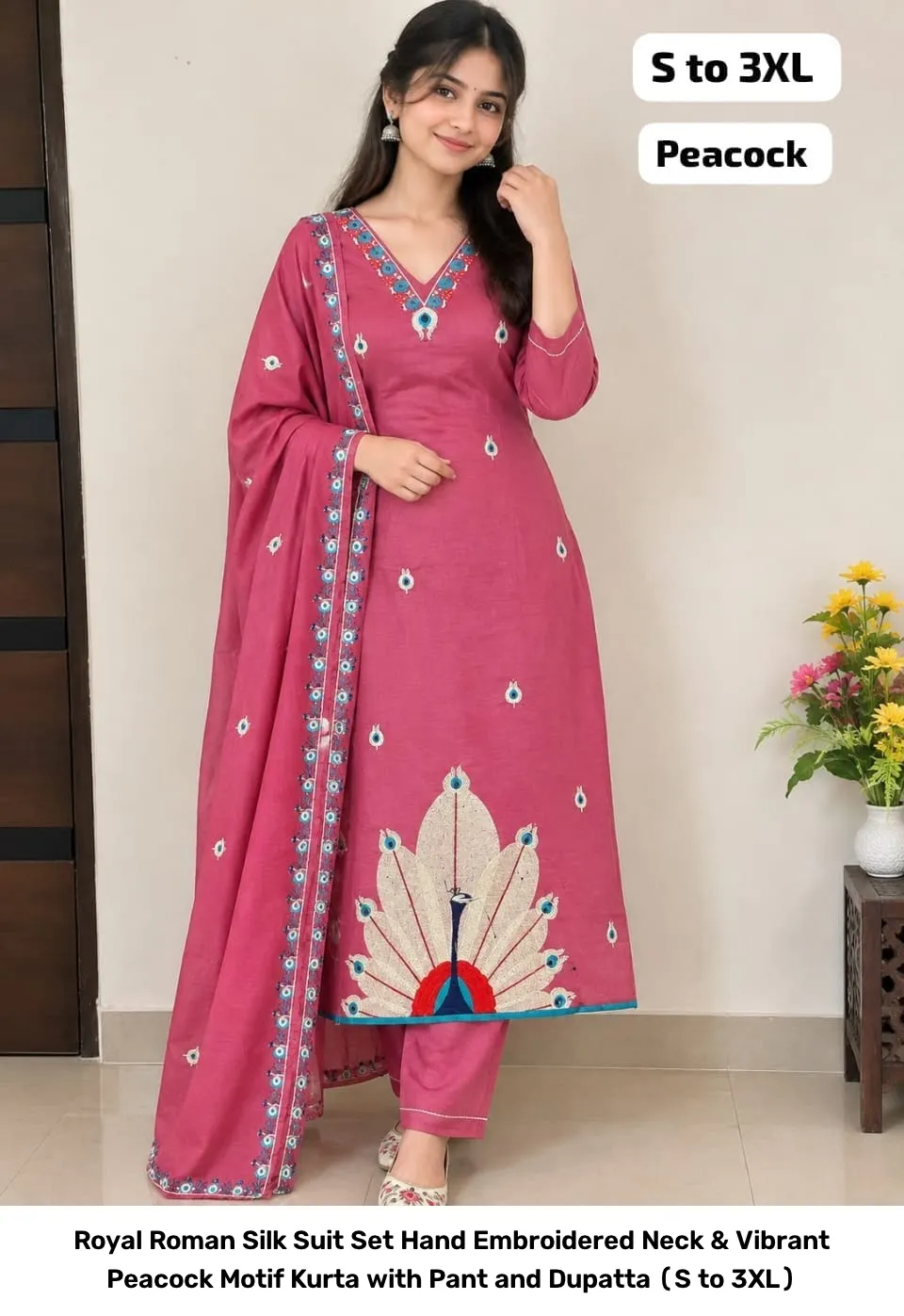 Royal Roman Silk Suit Set – Hand Embroidered Neck & Vibrant Peacock Motif Kurta with Pant and Dupatta (S to 3XL) 3