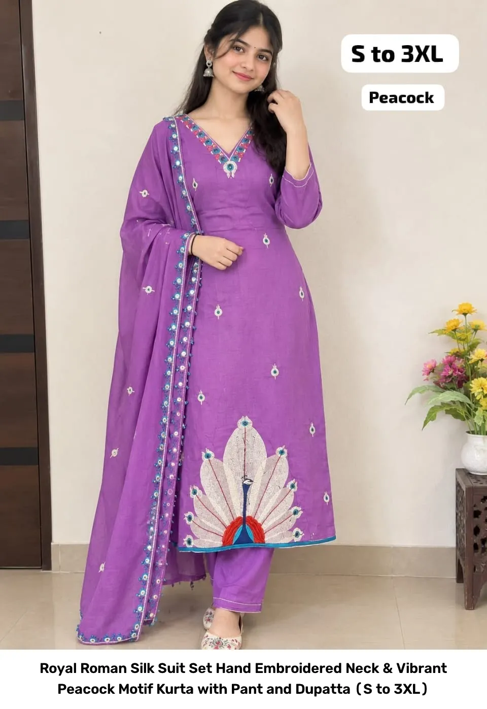 Royal Roman Silk Suit Set – Hand Embroidered Neck & Vibrant Peacock Motif Kurta with Pant and Dupatta (S to 3XL) 4