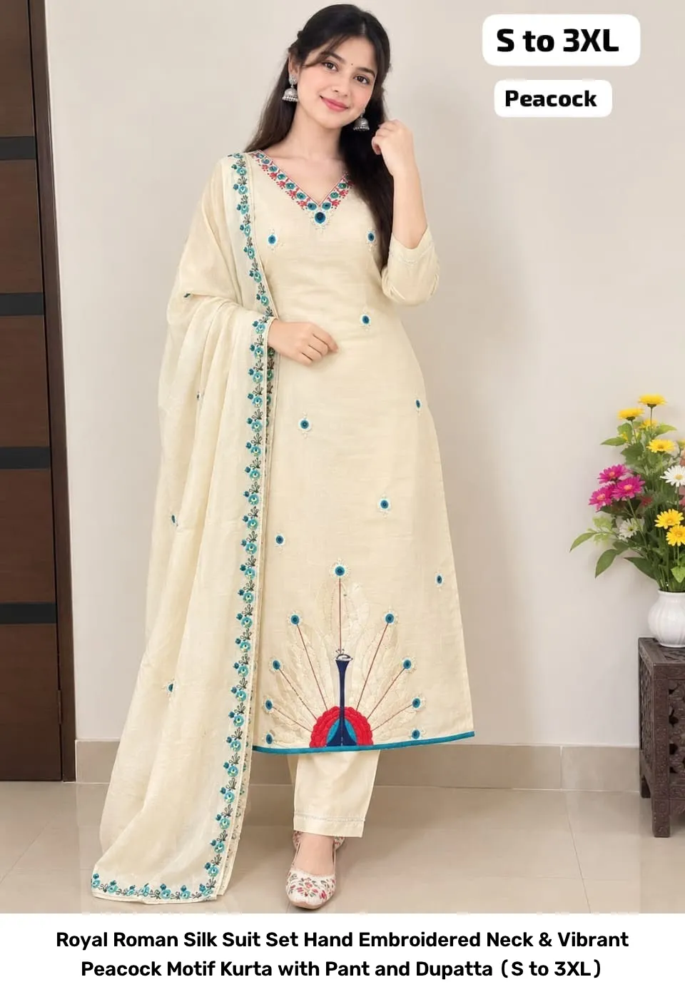 Royal Roman Silk Suit Set – Hand Embroidered Neck & Vibrant Peacock Motif Kurta with Pant and Dupatta (S to 3XL) 6