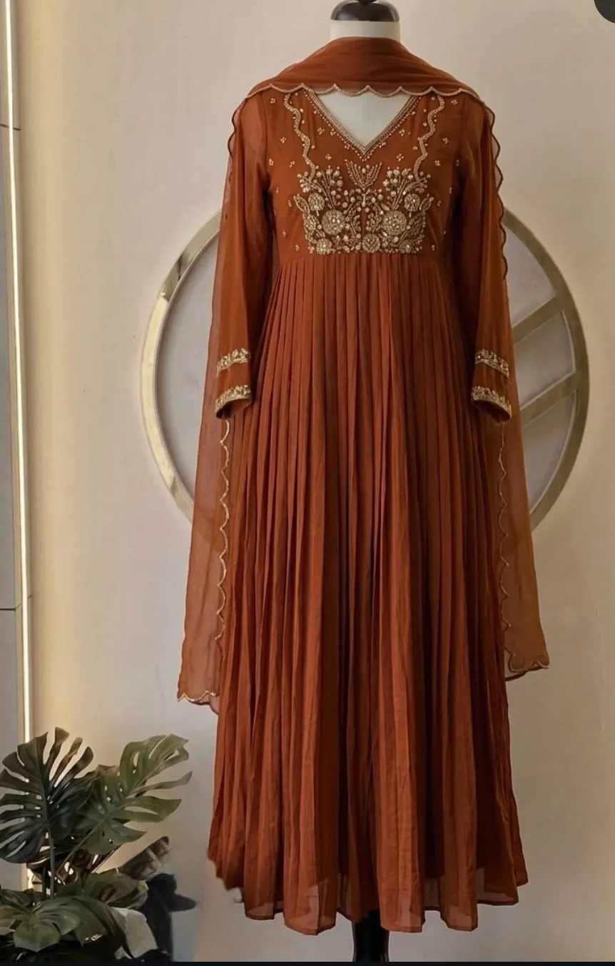 Rust Brown Pleated Anarkali Suit Set with Handwork