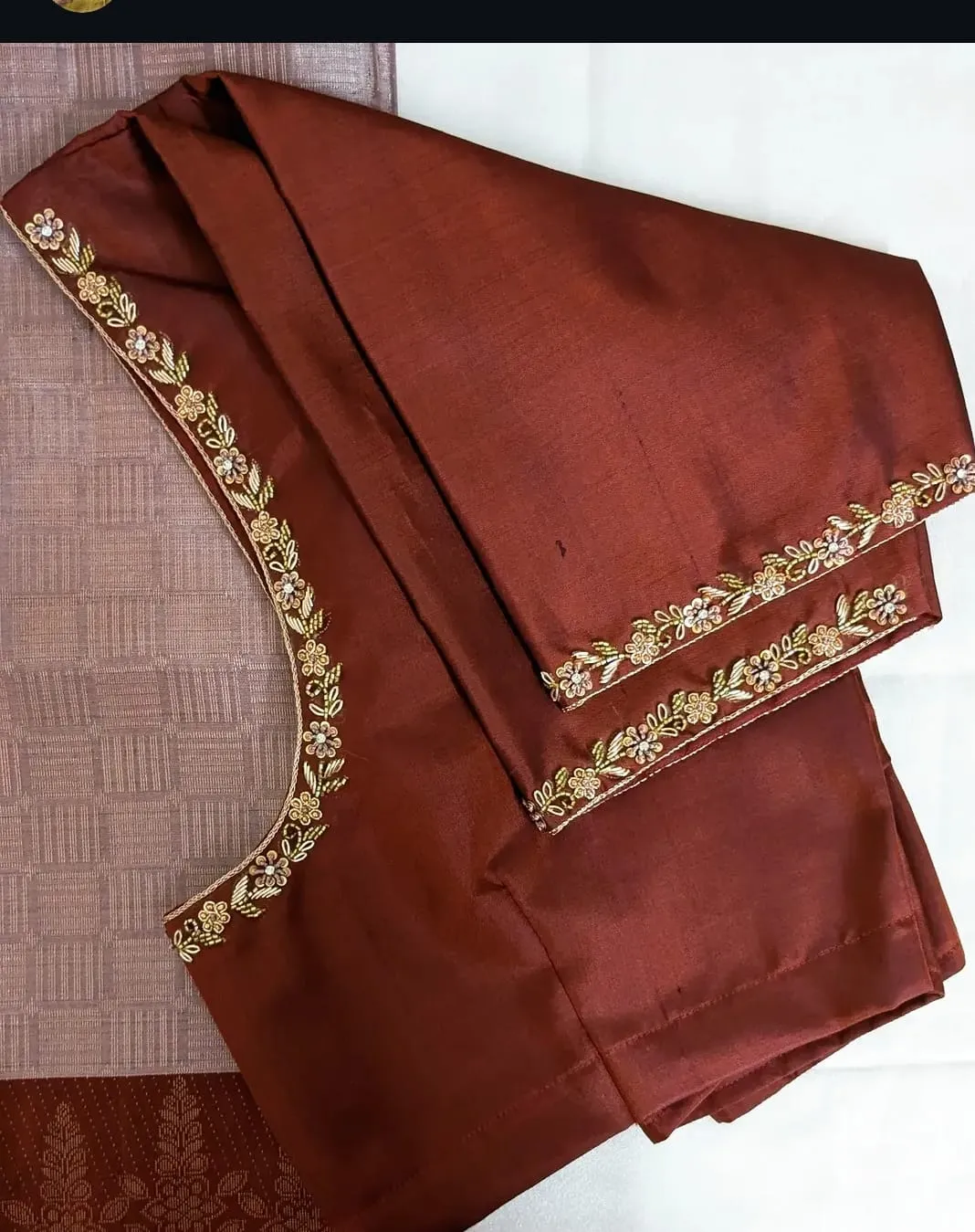 Rust Brown Raw Silk Maggam Work Blouse | Minimal Gold Zardosi Floral Border Saree Blouse