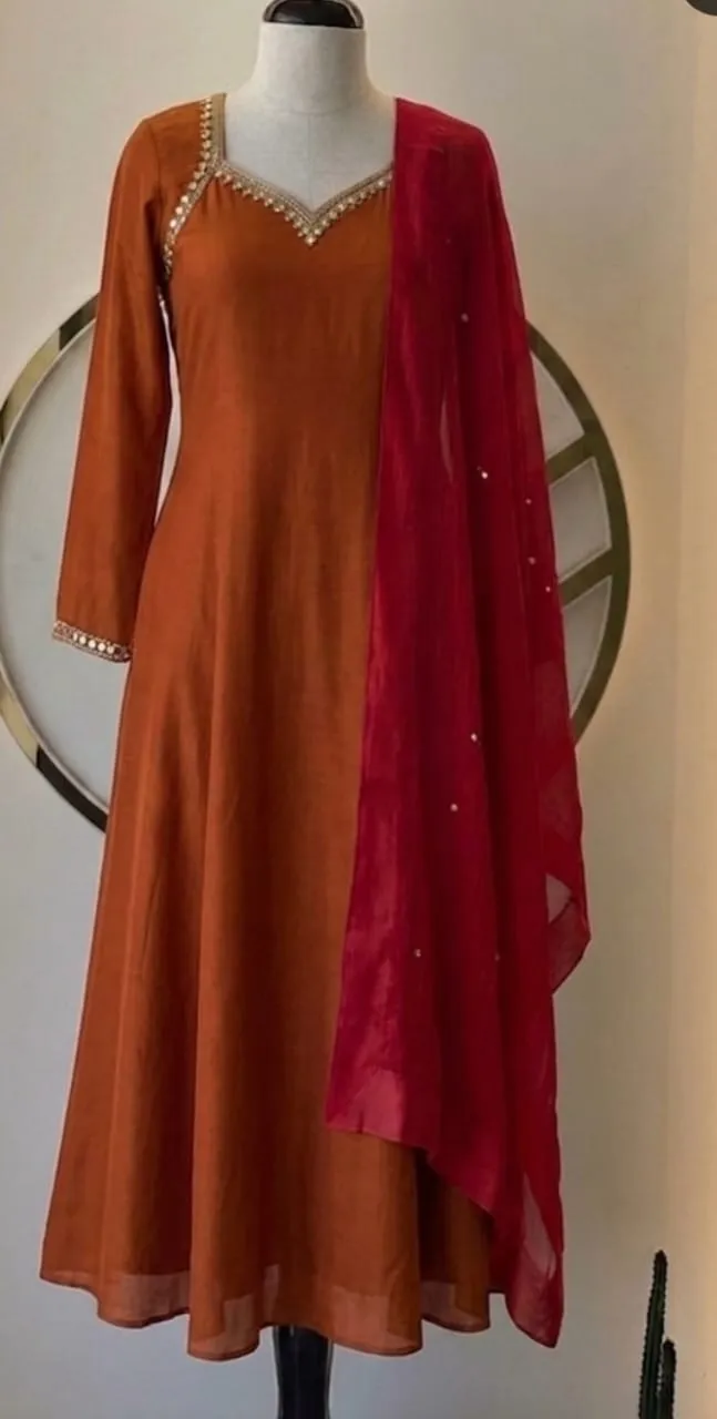 Rust Kurta with Red Mirror Work Dupatta Set