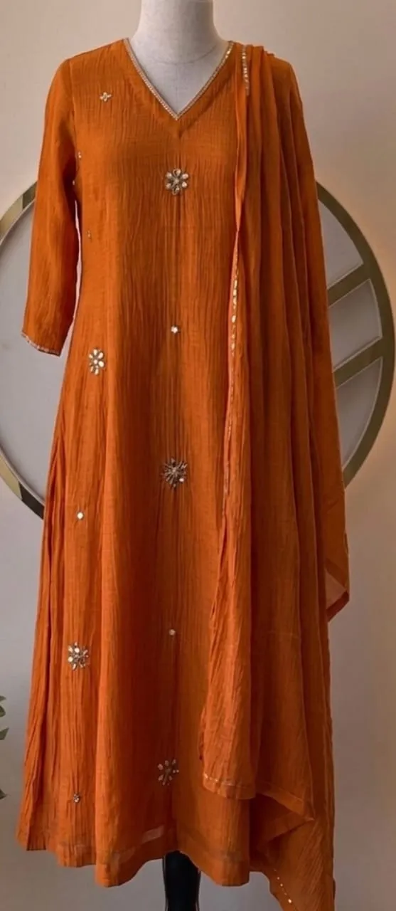 Rust Orange Crinkle Mirror Work Anarkali Set