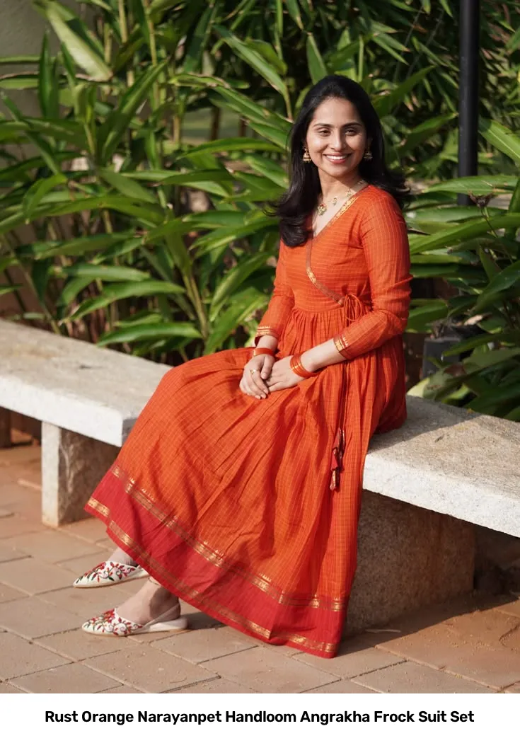 Rust Orange Narayanpet Handloom Angrakha Frock Suit Set 2