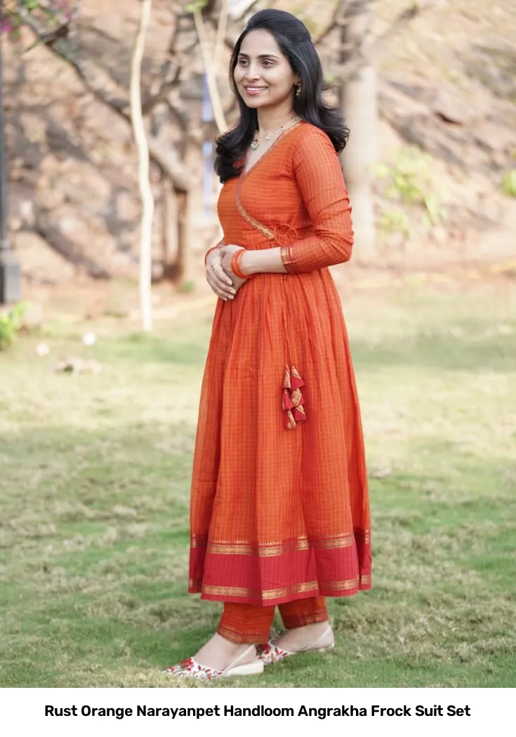 Rust Orange Narayanpet Handloom Angrakha Frock Suit Set 3