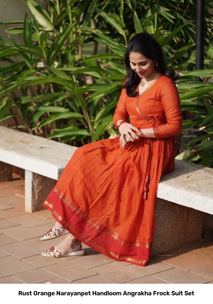 Rust Orange Narayanpet Handloom Angrakha Frock Suit Set 4