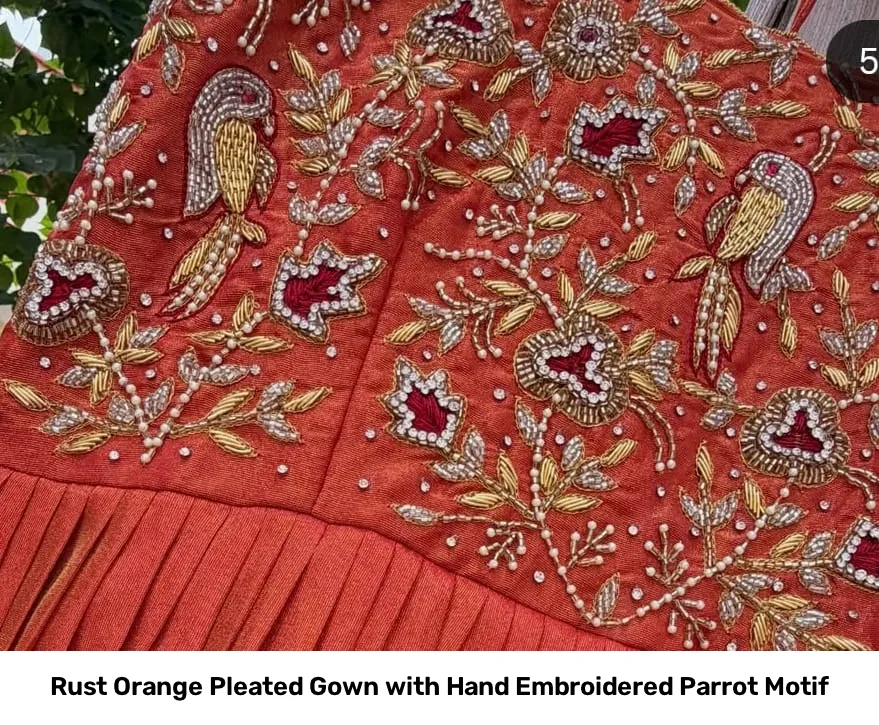 Rust Orange Pleated Gown with Hand Embroidered Parrot Motif 2