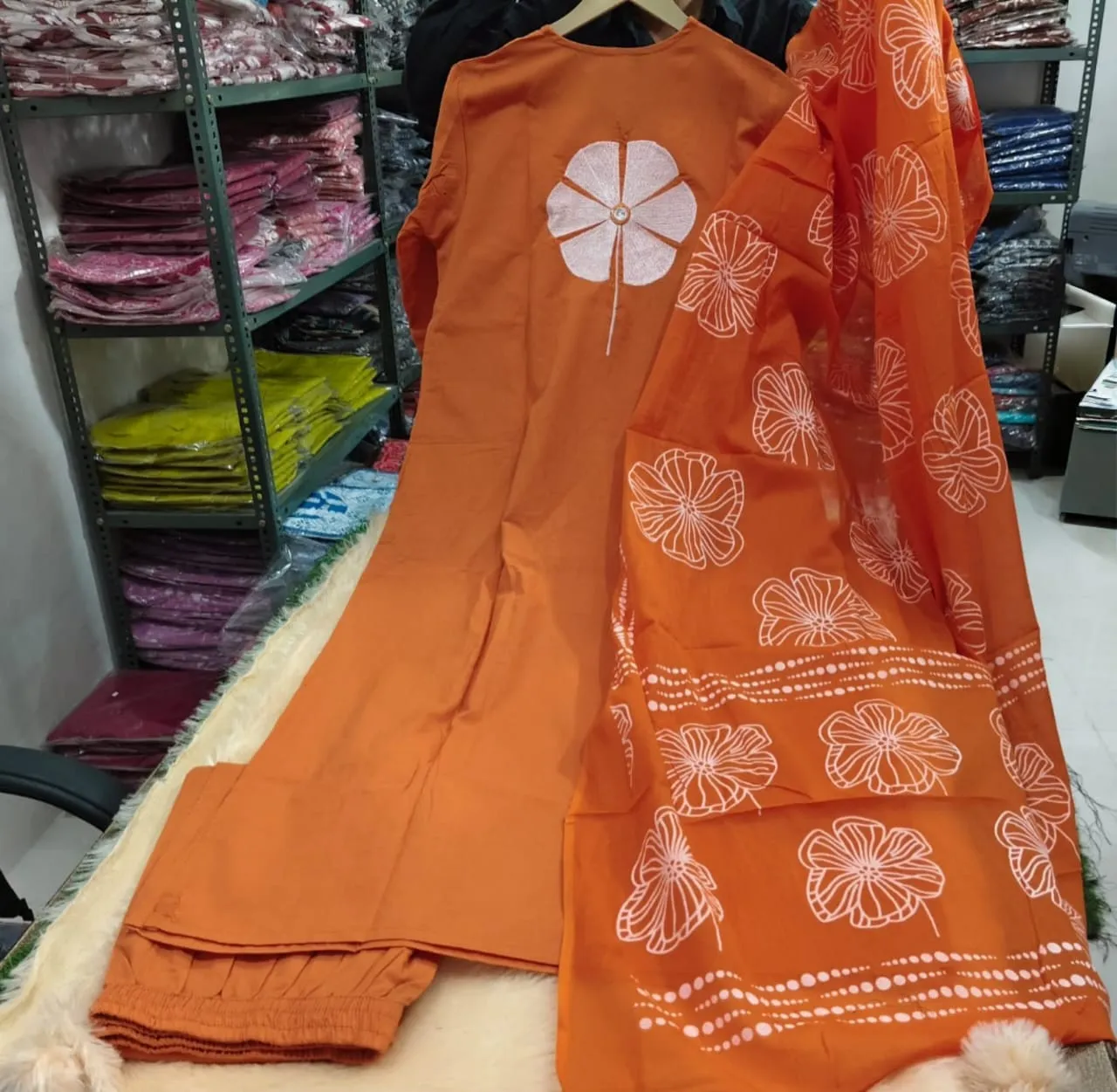 Rust Orange Pure Cotton 6060 Suit Set | Discharge Floral Print Kurti with Mirror Work & Dupatta