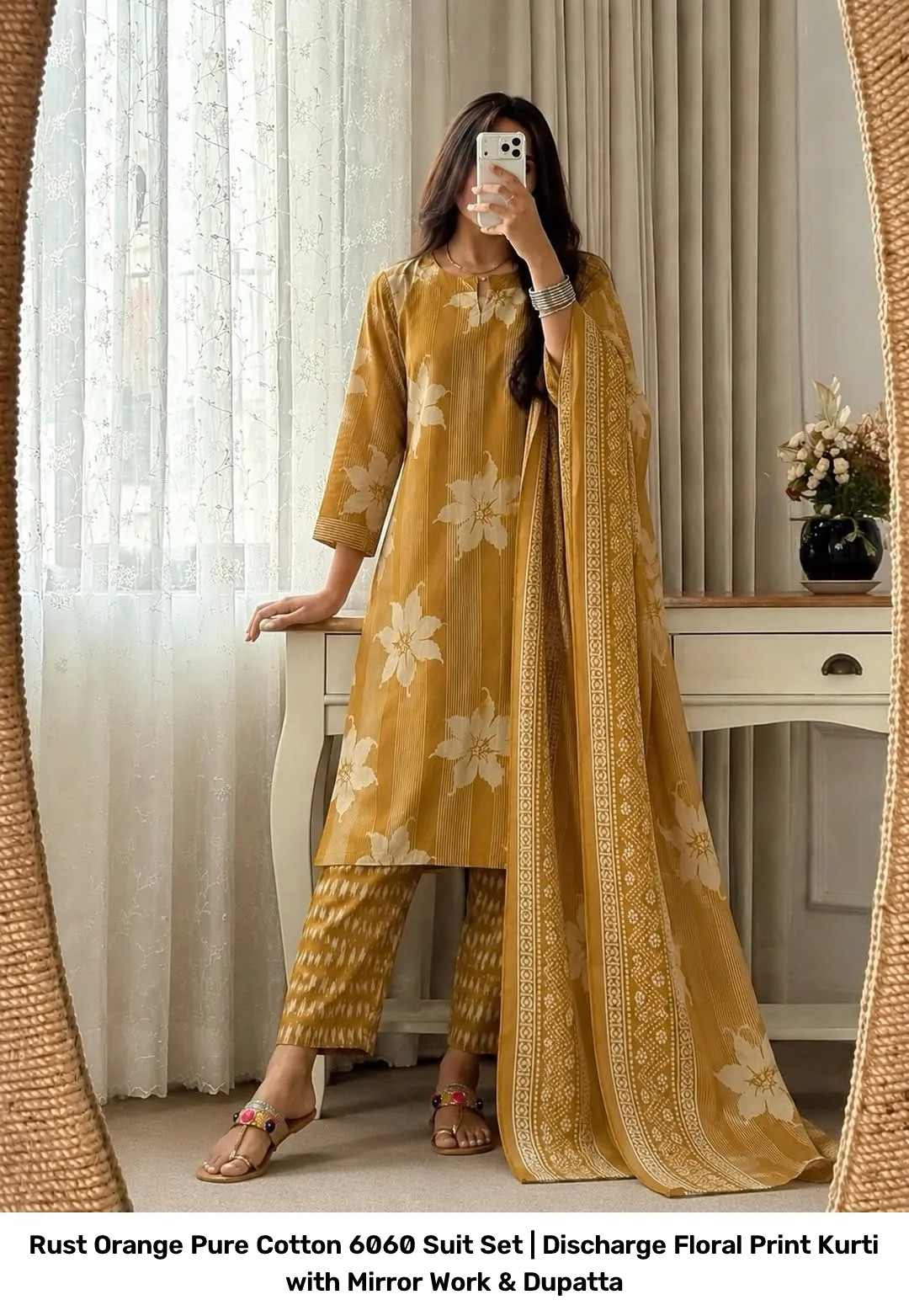 Rust Orange Pure Cotton 6060 Suit Set | Discharge Floral Print Kurti with Mirror Work & Dupatta 10