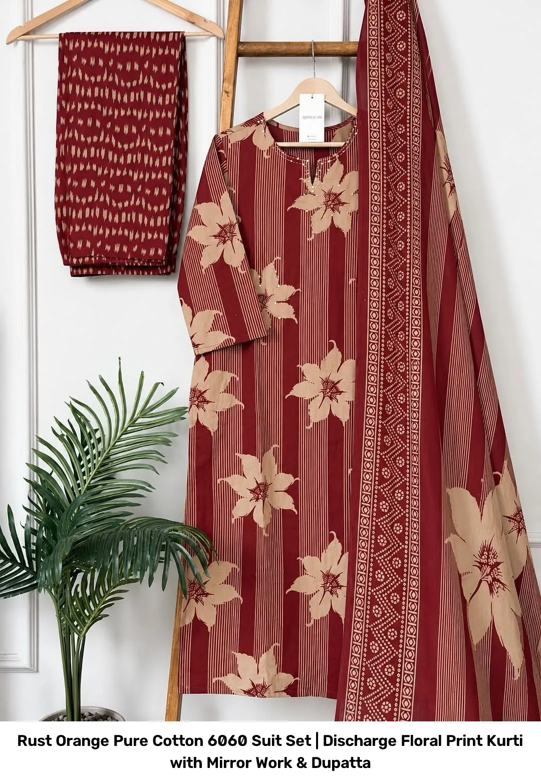 Rust Orange Pure Cotton 6060 Suit Set | Discharge Floral Print Kurti with Mirror Work & Dupatta 12