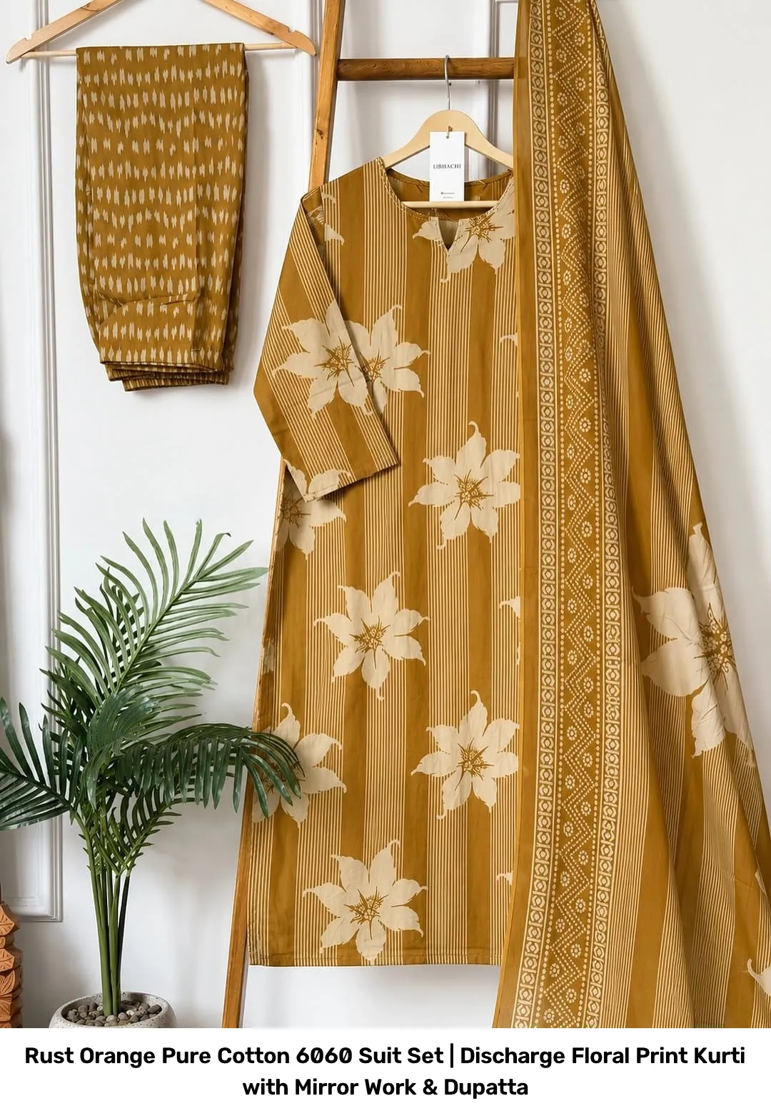 Rust Orange Pure Cotton 6060 Suit Set | Discharge Floral Print Kurti with Mirror Work & Dupatta 13