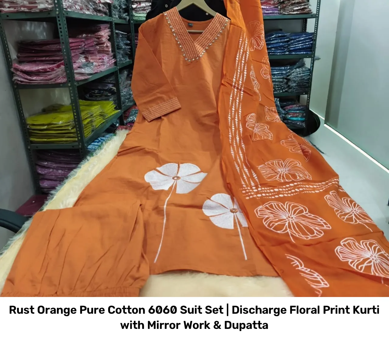 Rust Orange Pure Cotton 6060 Suit Set | Discharge Floral Print Kurti with Mirror Work & Dupatta 3