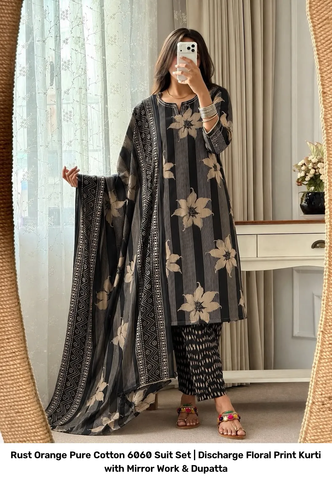 Rust Orange Pure Cotton 6060 Suit Set | Discharge Floral Print Kurti with Mirror Work & Dupatta 4