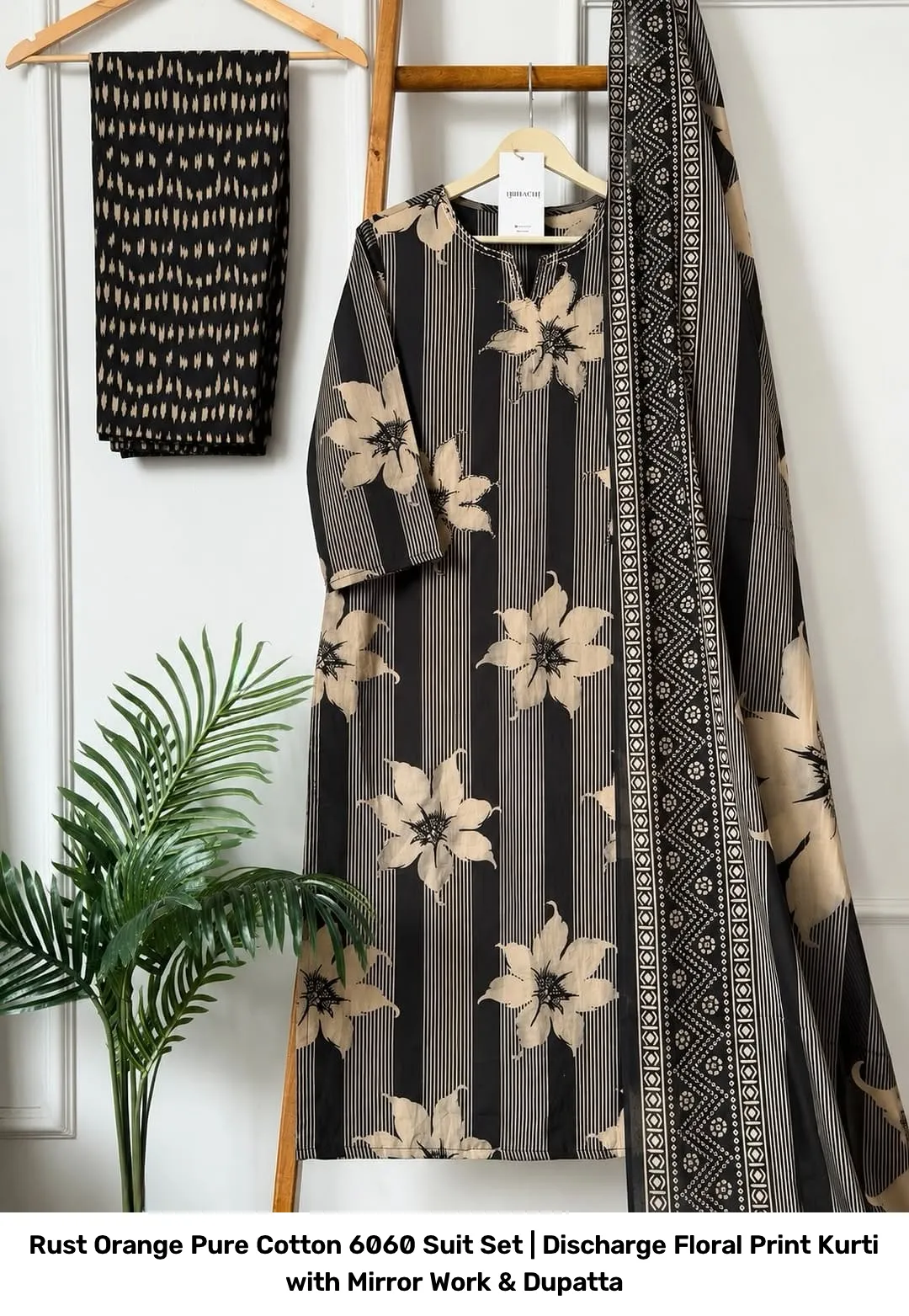 Rust Orange Pure Cotton 6060 Suit Set | Discharge Floral Print Kurti with Mirror Work & Dupatta 5