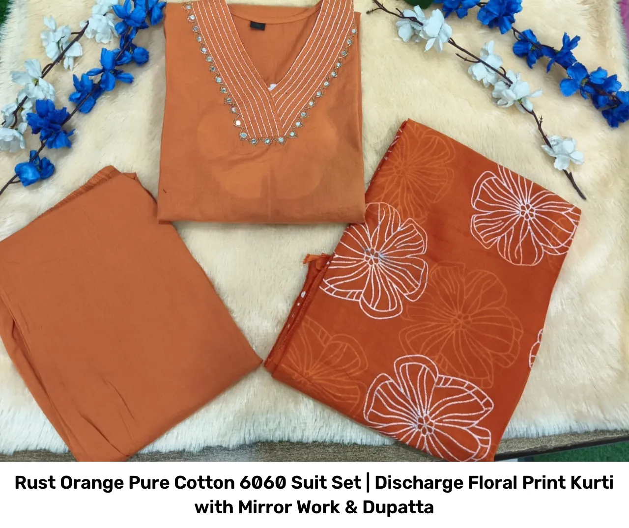 Rust Orange Pure Cotton 6060 Suit Set | Discharge Floral Print Kurti with Mirror Work & Dupatta 6