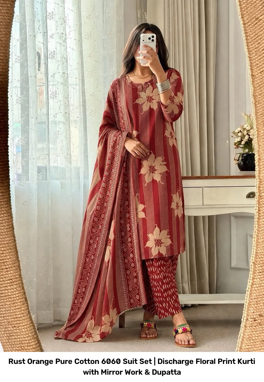 Rust Orange Pure Cotton 6060 Suit Set | Discharge Floral Print Kurti with Mirror Work & Dupatta 7