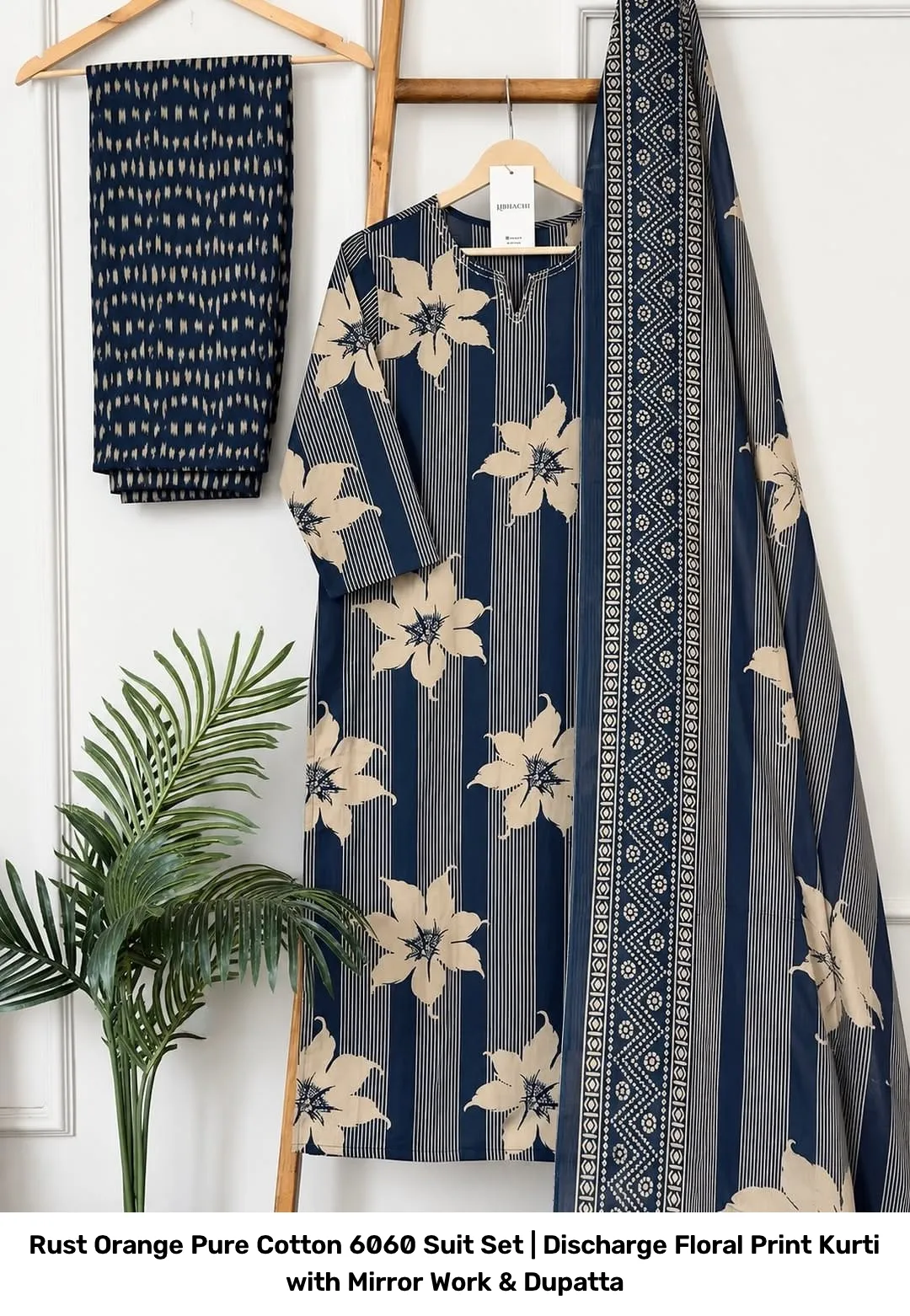 Rust Orange Pure Cotton 6060 Suit Set | Discharge Floral Print Kurti with Mirror Work & Dupatta 8