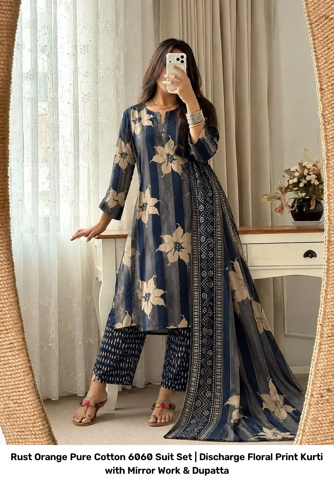 Rust Orange Pure Cotton 6060 Suit Set | Discharge Floral Print Kurti with Mirror Work & Dupatta 9