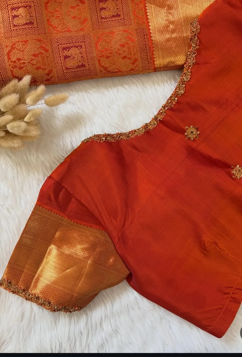 Rust Orange Raw Silk Saree Blouse | Hand-Embroidered Cutwork Neck with Zari Brocade Half Sleeves