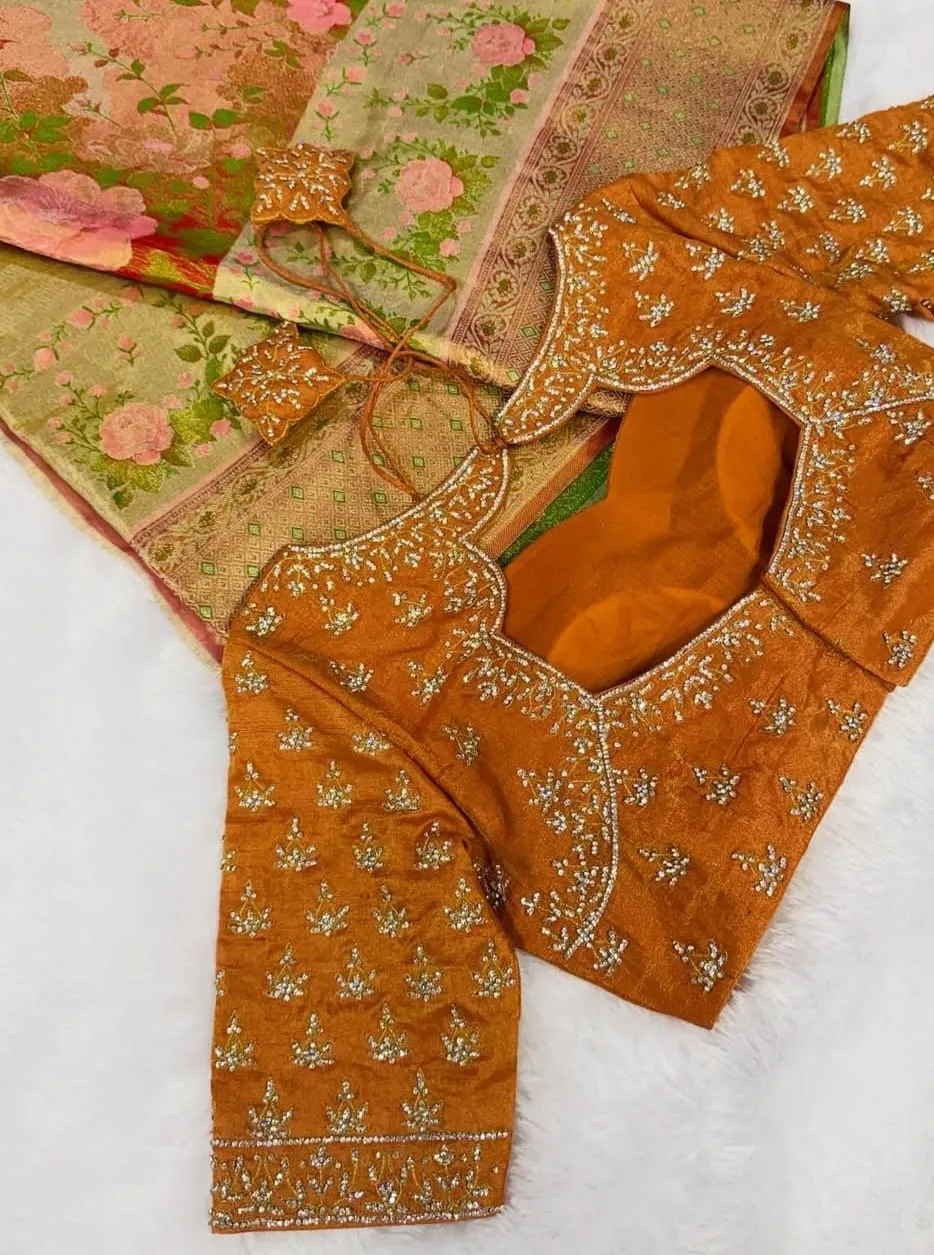 Rust Orange Raw Silk Scallop Neck Blouse | Handcrafted Zardozi Maggam Work Bridal Saree Blouse with Latkan