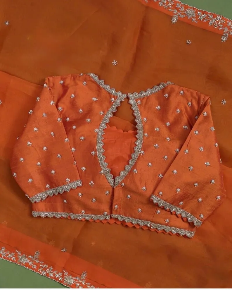 Rust Orange Silk Blouse with Scallop Cutwork Neckline | Handcrafted Silver Zardozi Embroidery Saree Choli