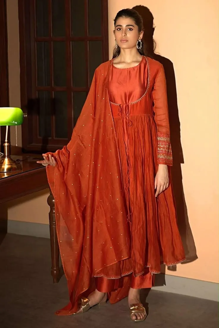 Rust Orange Silk Pleated Anarkali Suit with Organza Dupatta