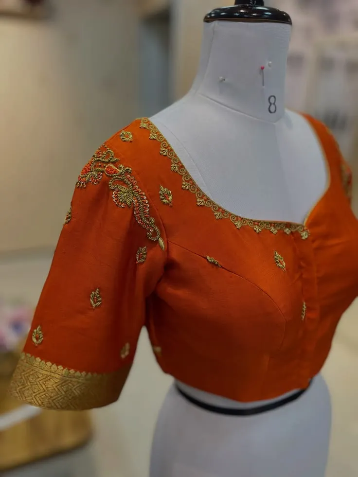 Rust Orange Silk Saree Blouse – Sweetheart Neck Hand Embroidered Aari Work Designer Partywear Blouse
