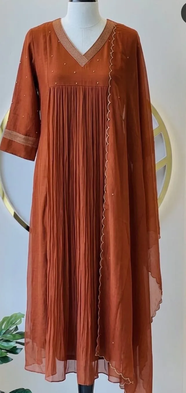Rust Pleated Kurta with Scalloped Dupatta Set