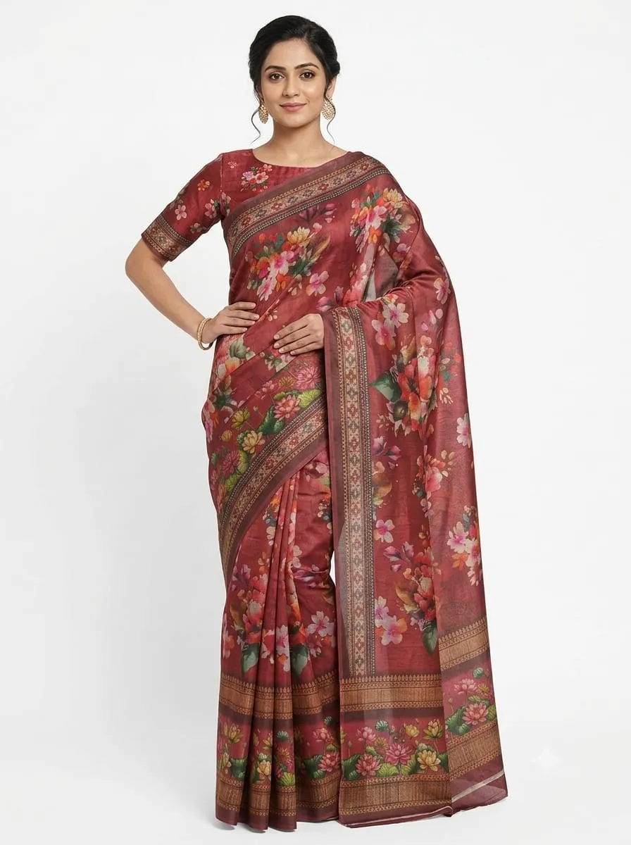Rust Red Floral Printed Mysore Silk Saree with Zari Border & Matching Blouse Piece